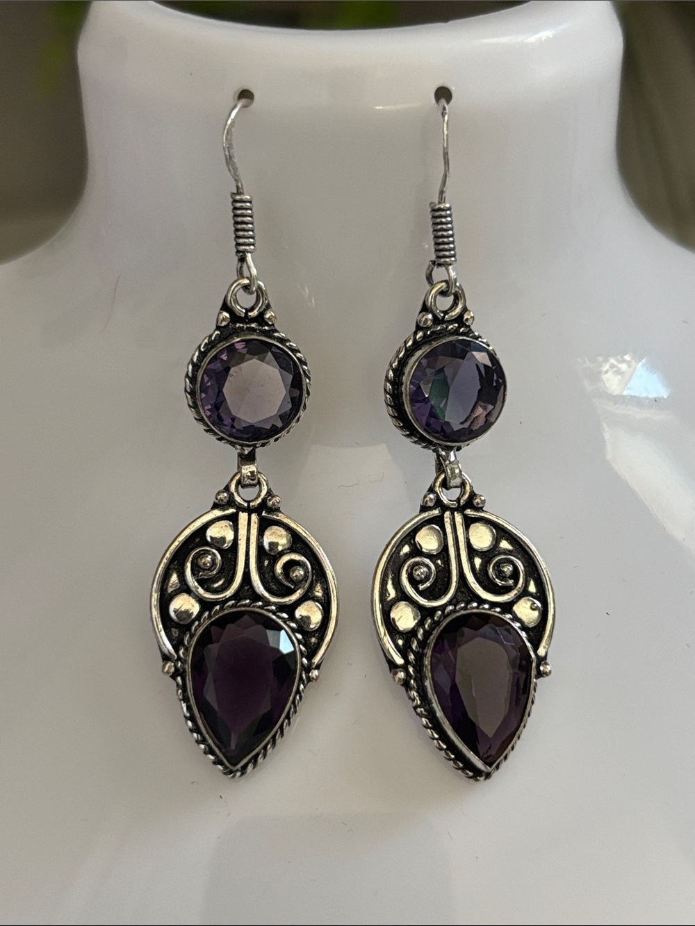 Silver Purple Amethyst Teardrop Dangle Earrings